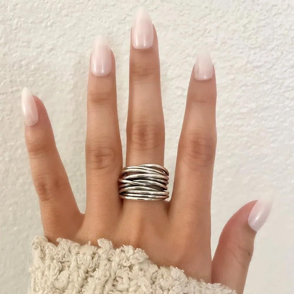 925 Sterling Silver Chunky Ring Thick Wide Ring Band Multi Layer Vintage Ring - Picture 3 of 13